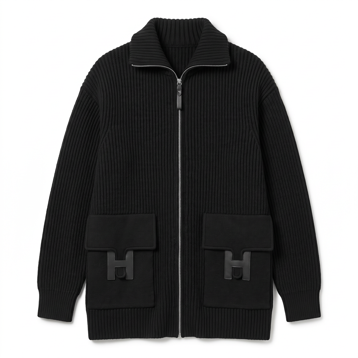 Hermès H Pocket Logo Zip-Up Cardigan Sweater in Noir Wool Knit