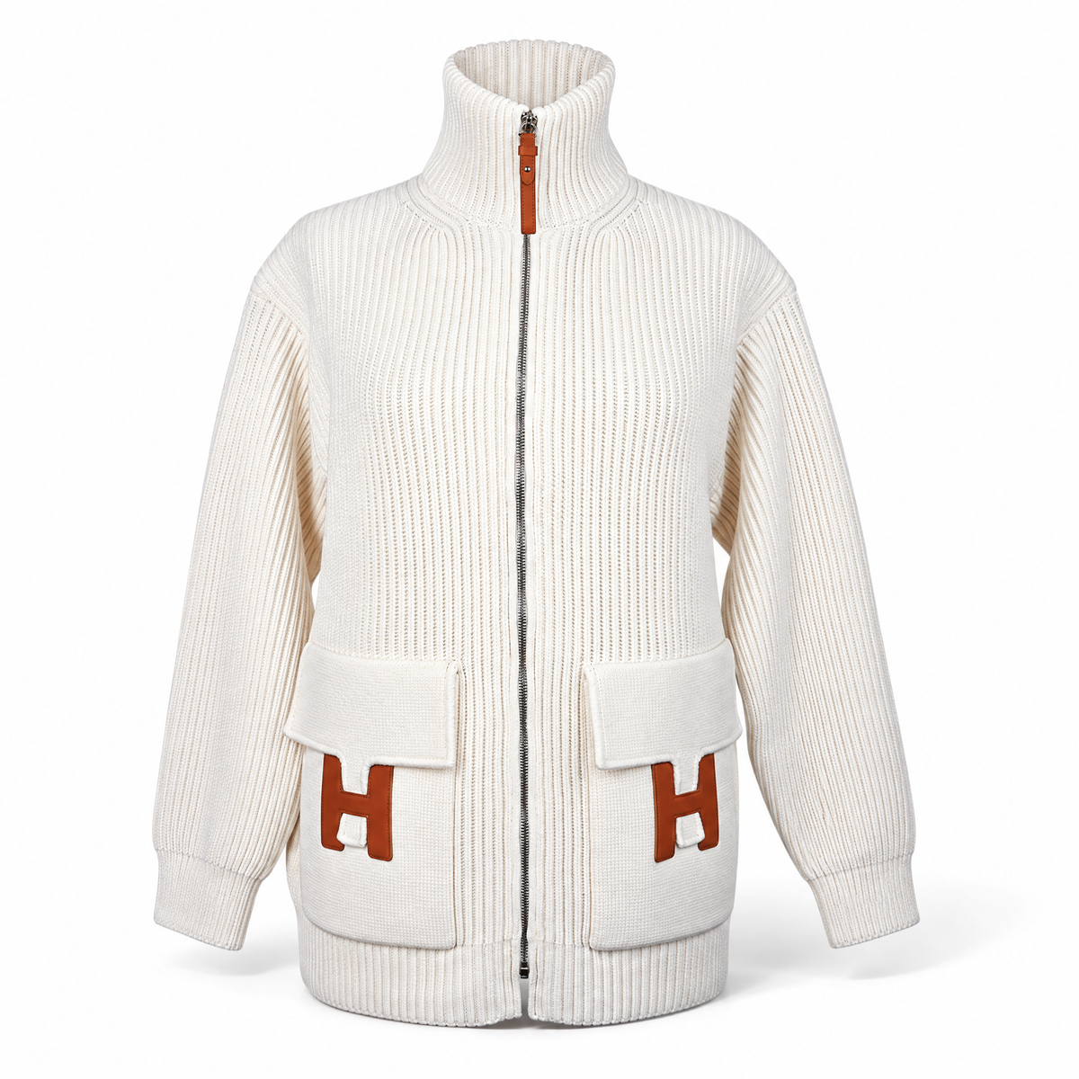Hermès H Pocket Logo Zip-Up Cardigan Sweater in Blanc Wool Knit
