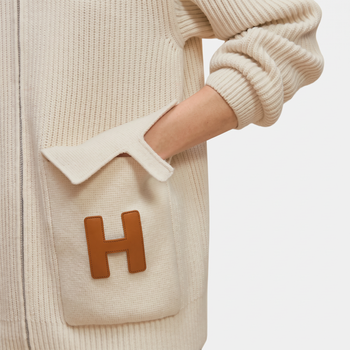 Hermès H Pocket Logo Zip-Up Cardigan Sweater in Blanc Wool Knit