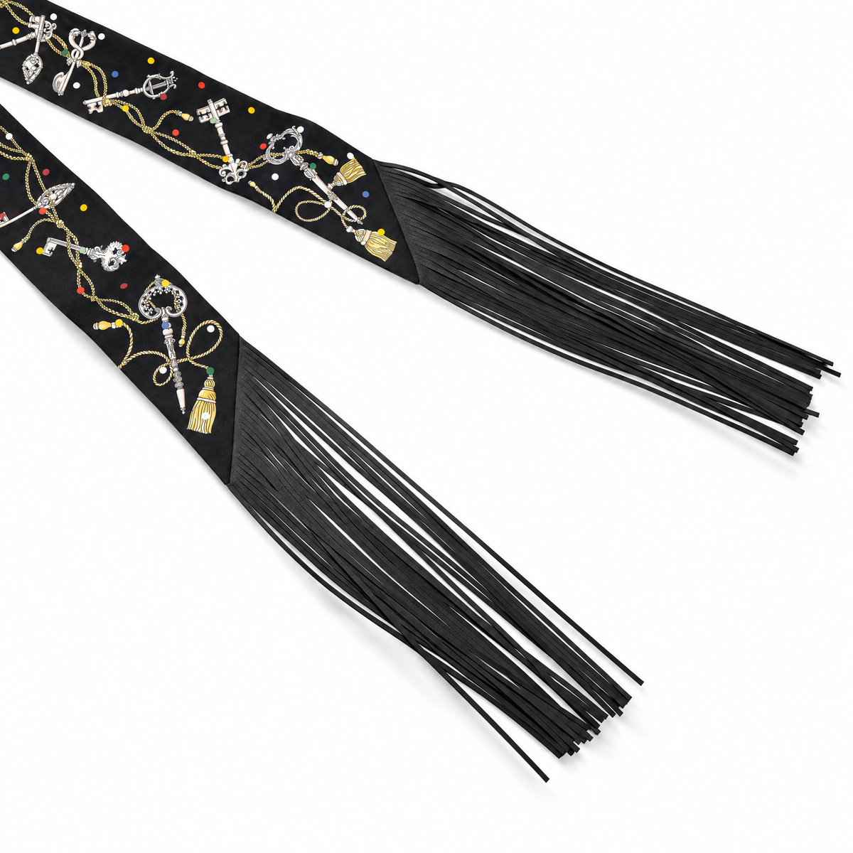 Hermès Les Cles A Pois Silk Twilly Scarf in Noir, Mordore, Blanc with leather fringes