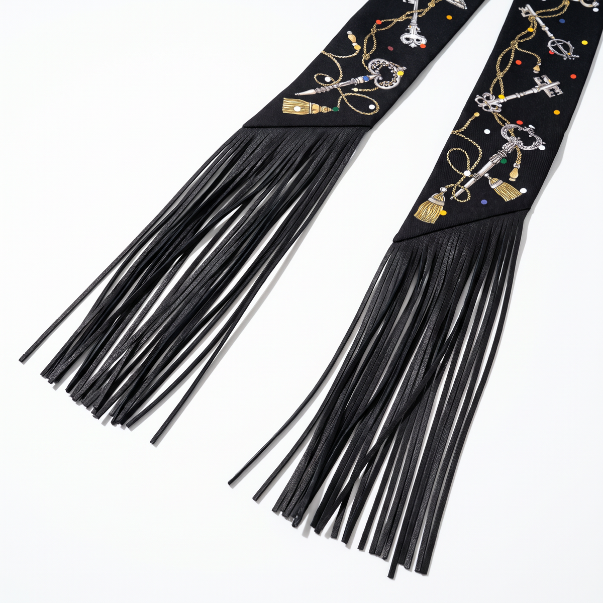 Hermès Les Cles A Pois Silk Twilly Scarf in Noir, Mordore, Blanc with leather fringes