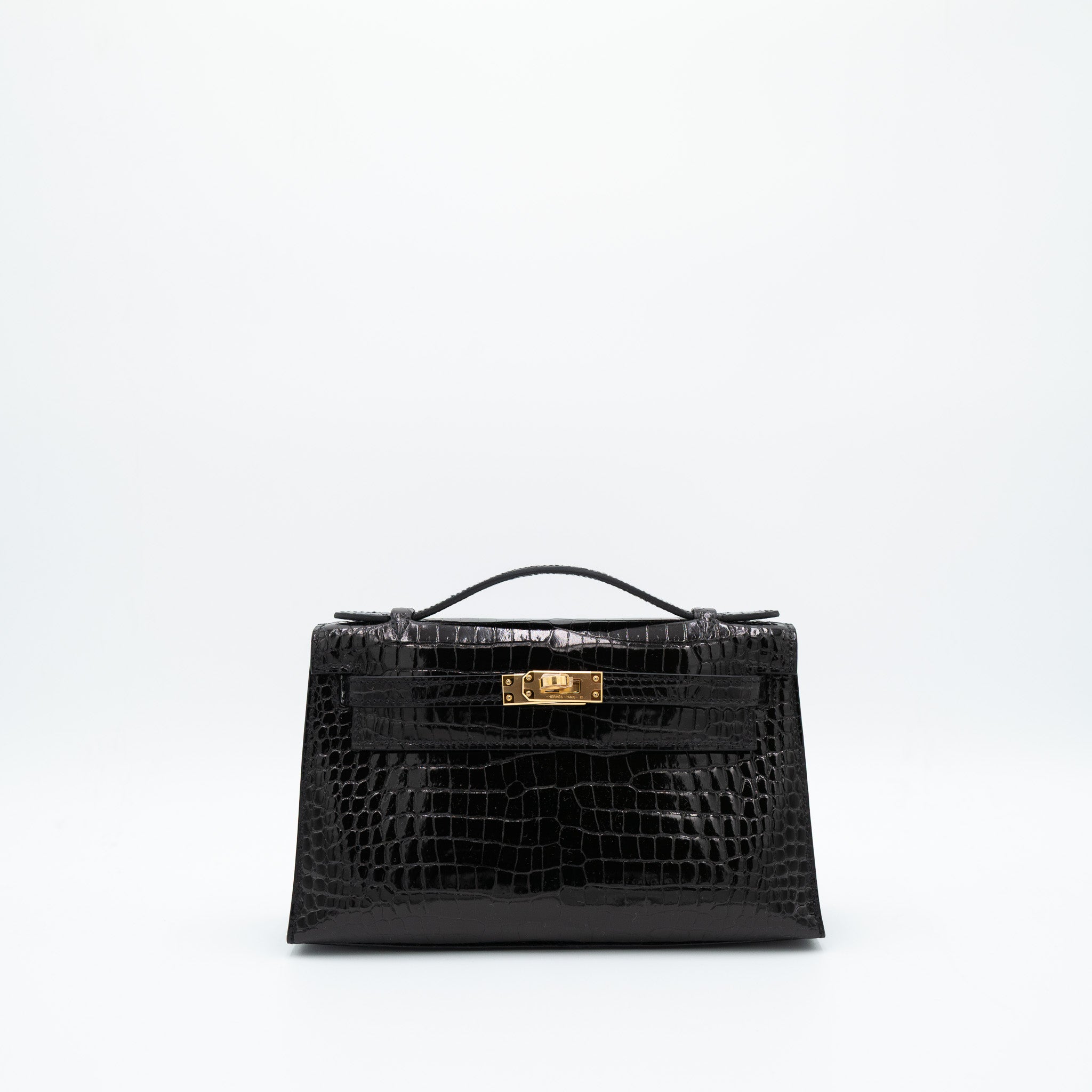 Hermès Kelly Pochette Lisse Crocodile Noir with Gold Hardware