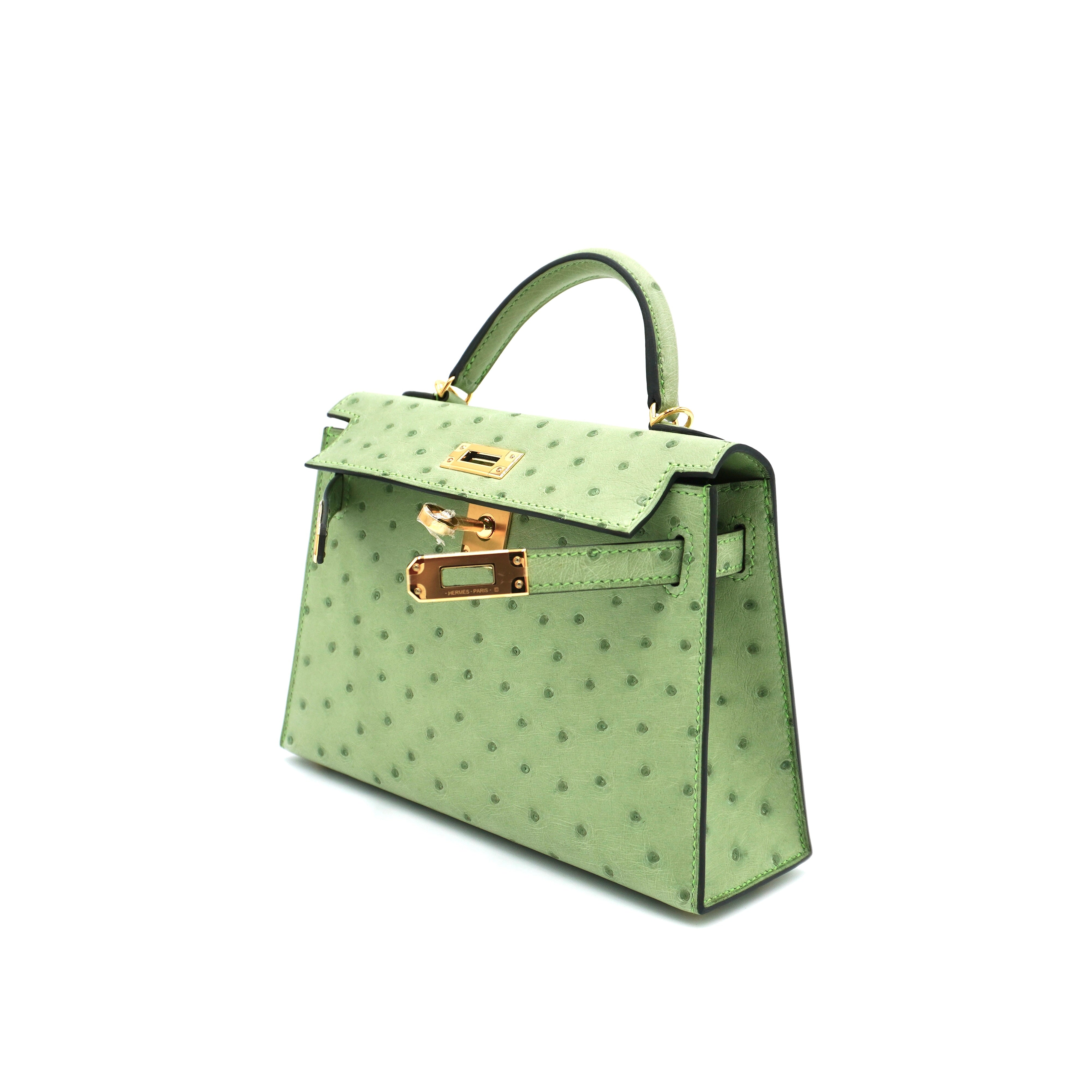 Hermès Mini Kelly II 20 Vert Criquet Ostrich Gold