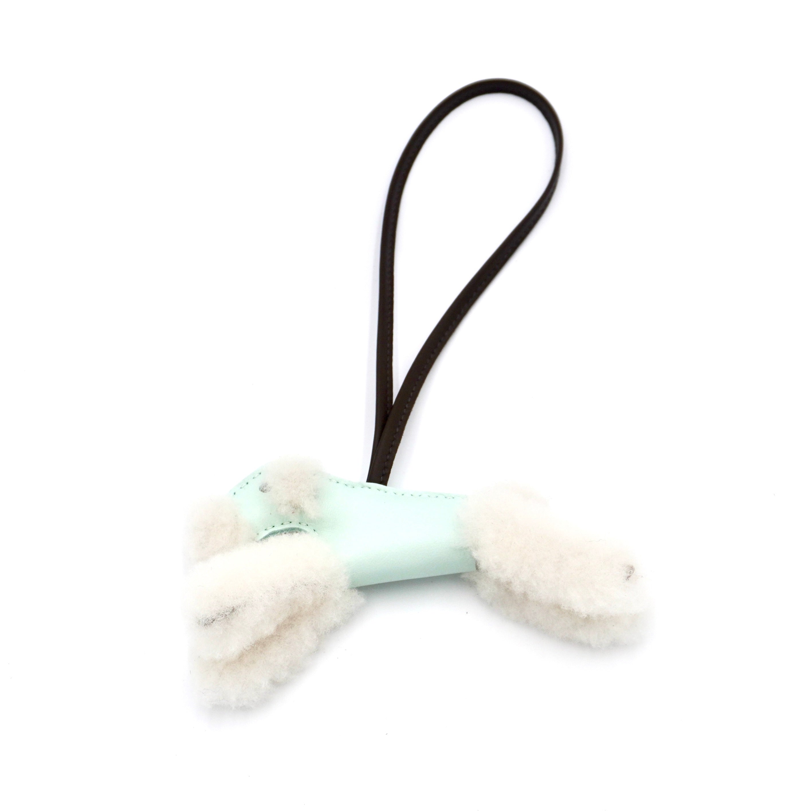 Hermès Budy Fox Terrier Charm in Écru, Vert Peppermint, Chocolate Merinos Wool & Milo Lambskin
