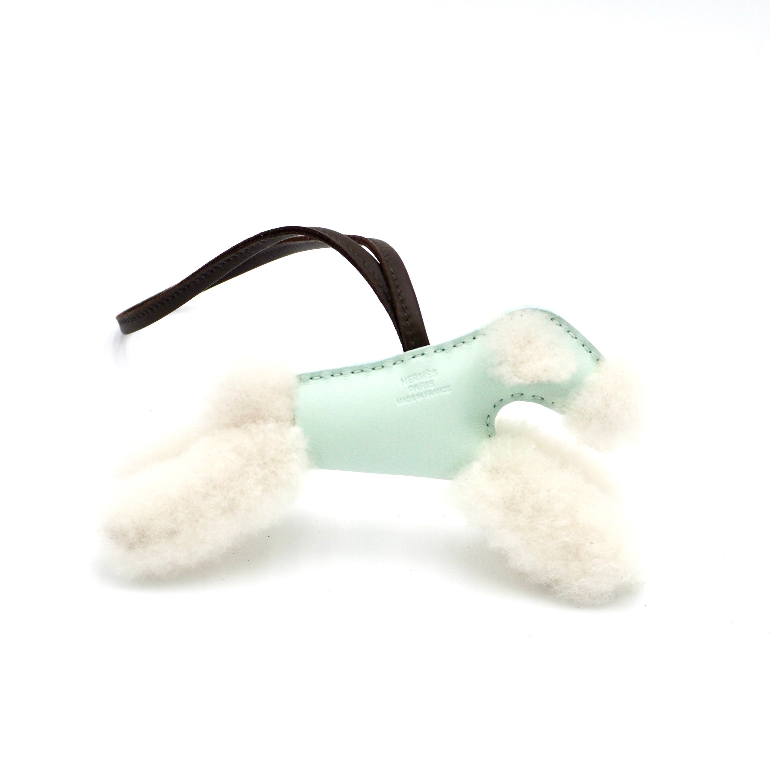 Hermès Budy Fox Terrier Charm in Écru, Vert Peppermint, Chocolate Merinos Wool & Milo Lambskin