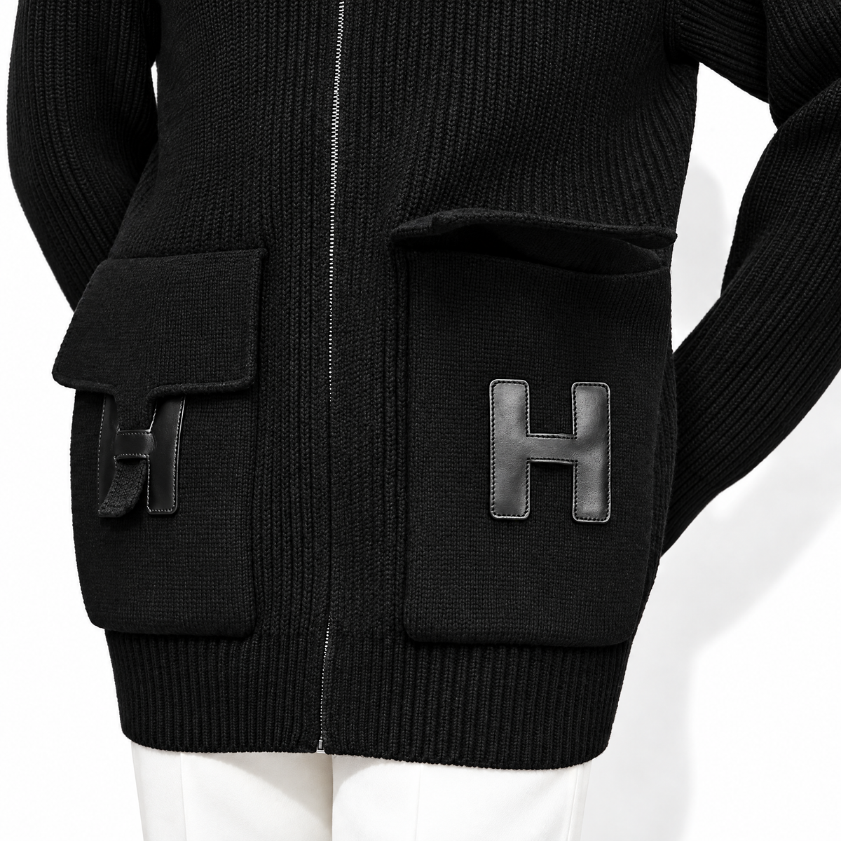 Hermès H Pocket Logo Zip-Up Cardigan Sweater in Noir Wool Knit