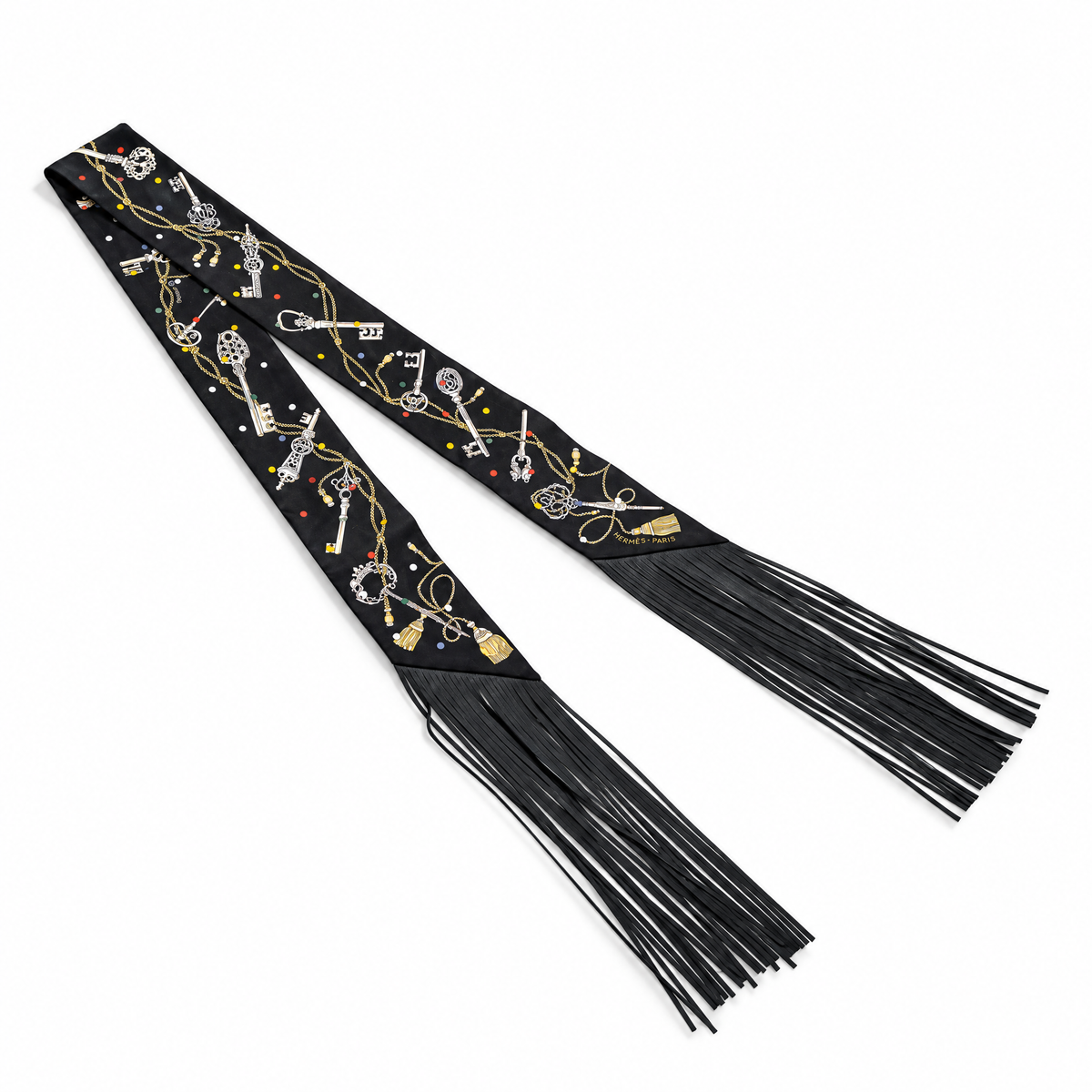 Hermès Les Cles A Pois Silk Twilly Scarf in Noir, Mordore, Blanc with leather fringes