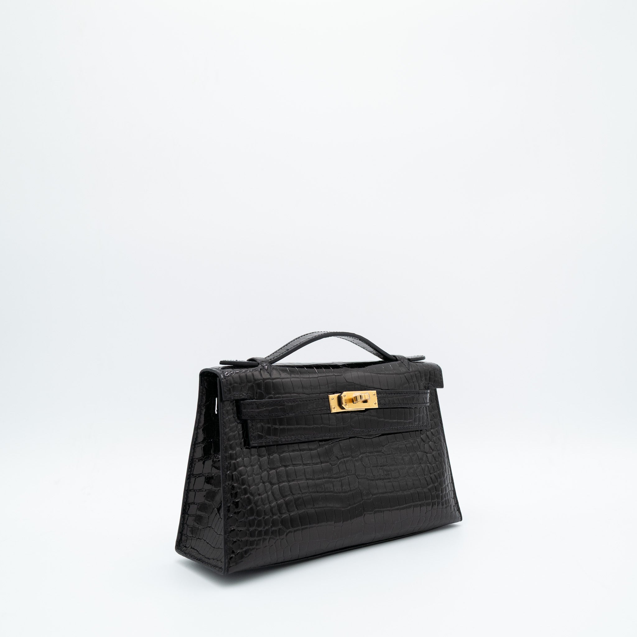 Hermès Kelly Pochette Lisse Crocodile Noir with Gold Hardware
