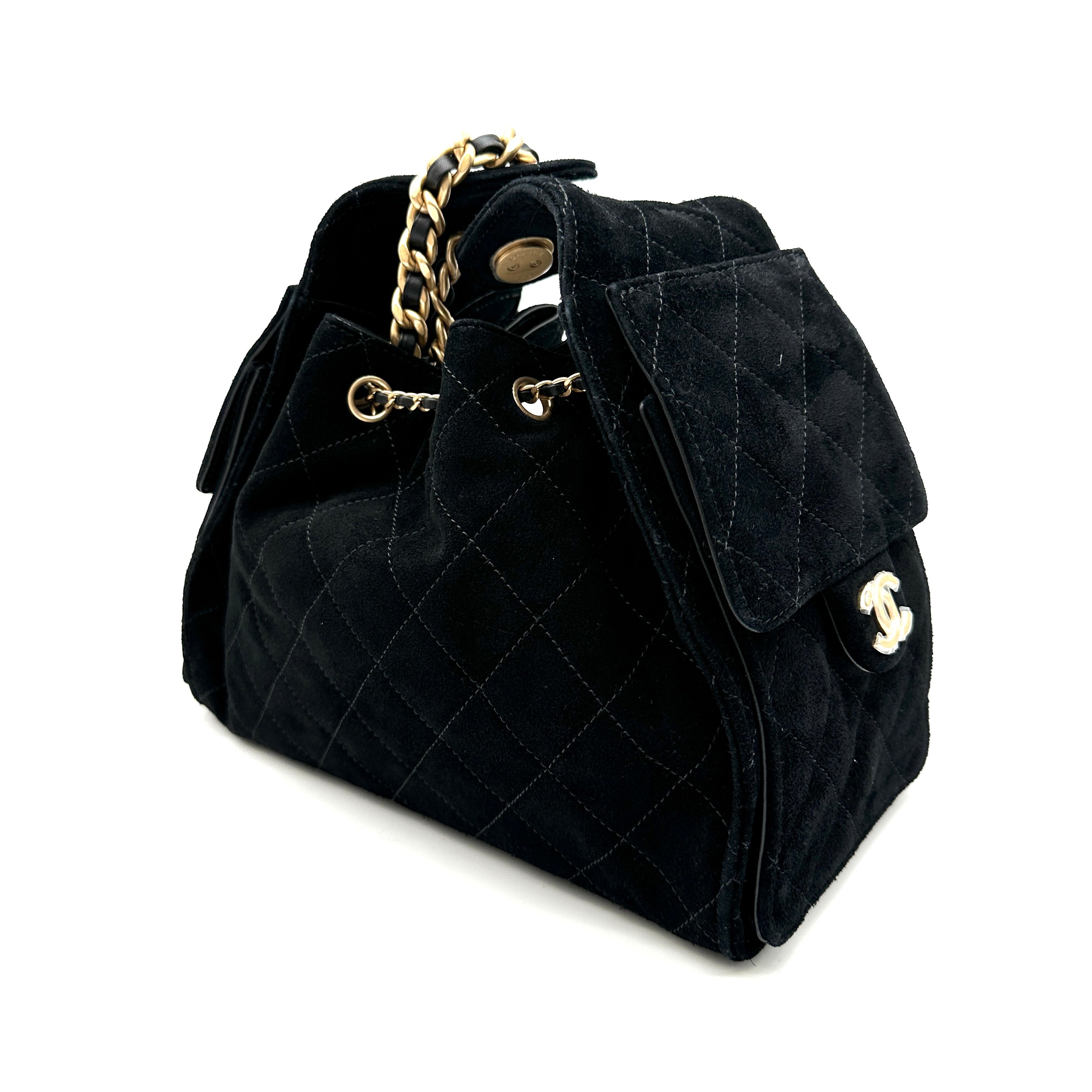 Chanel 25K Black Suede with Gold Hardware