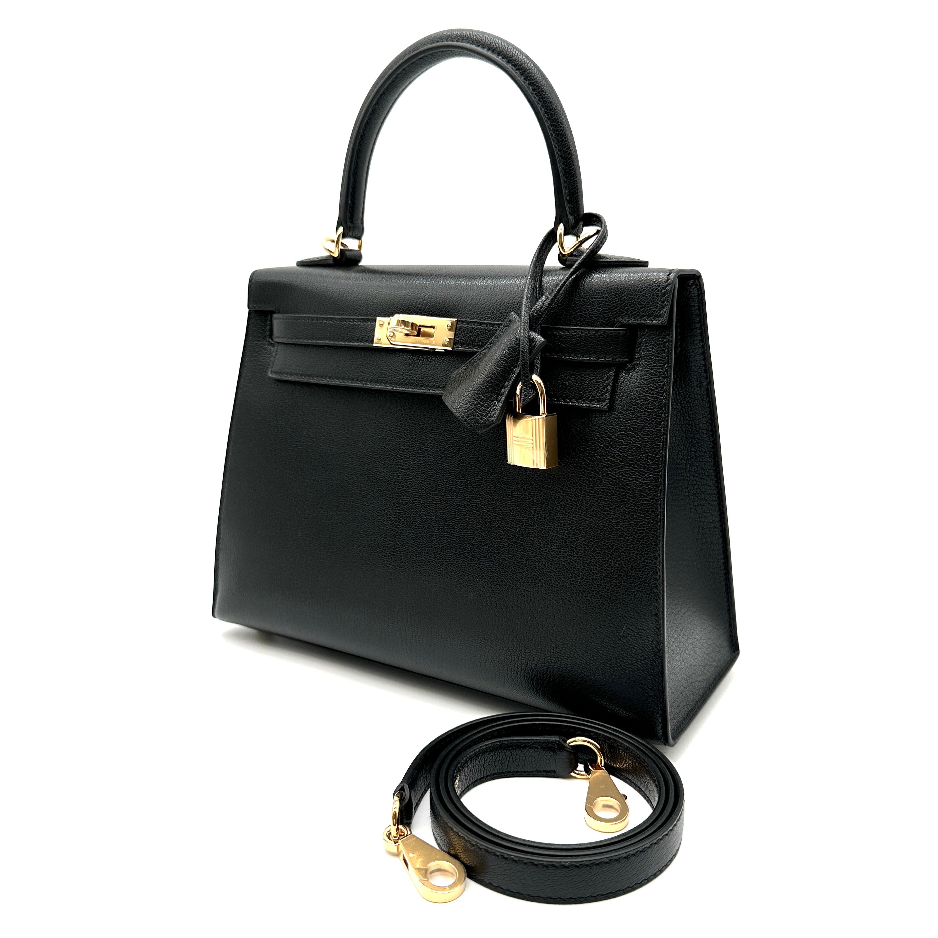 Hermès Kelly 25 Chèvre Mysore Noir with Gold Hardware