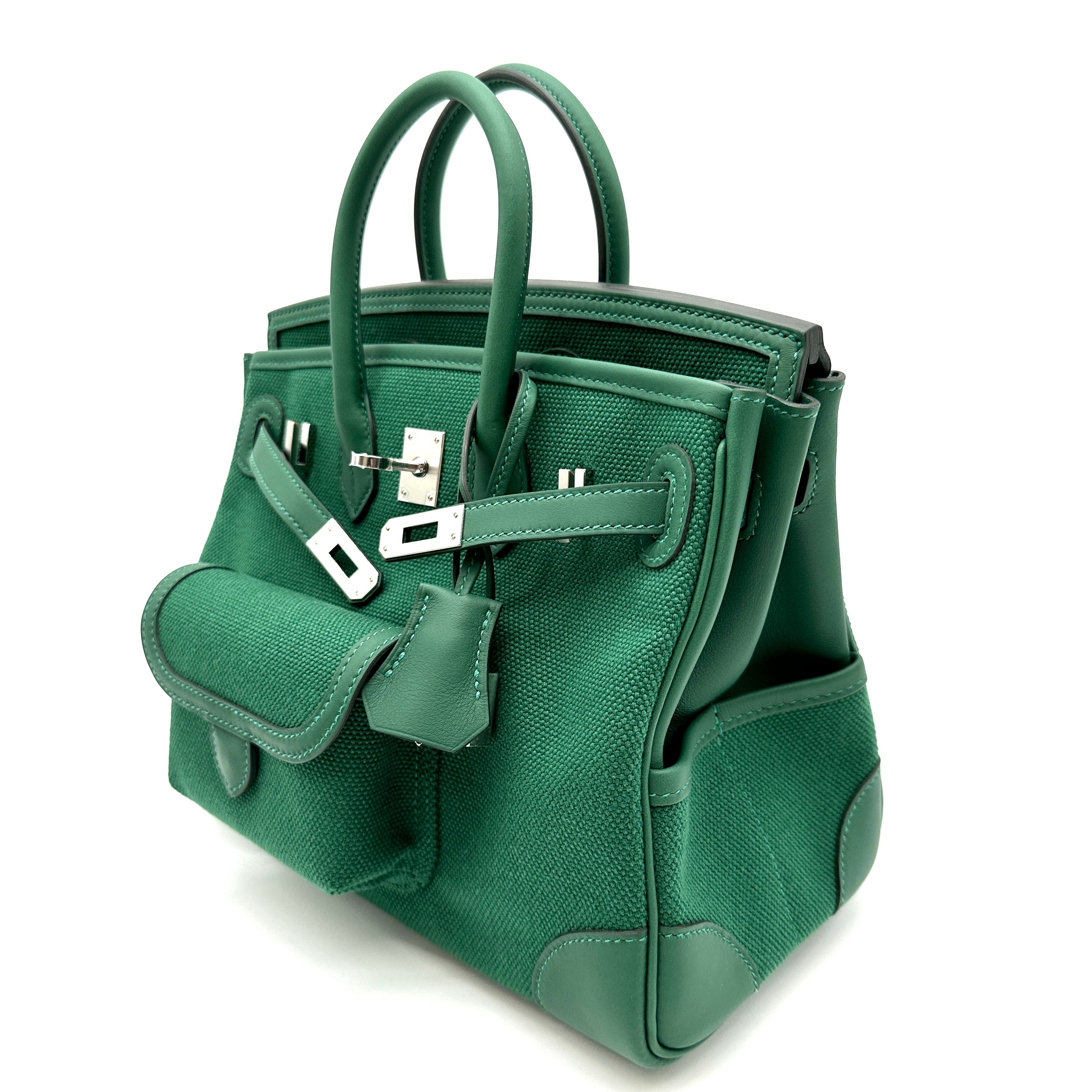 Hermès Birkin 25 Cargo Toile Goéland and Vert Moyen Veau Swift with Palladium Hardware