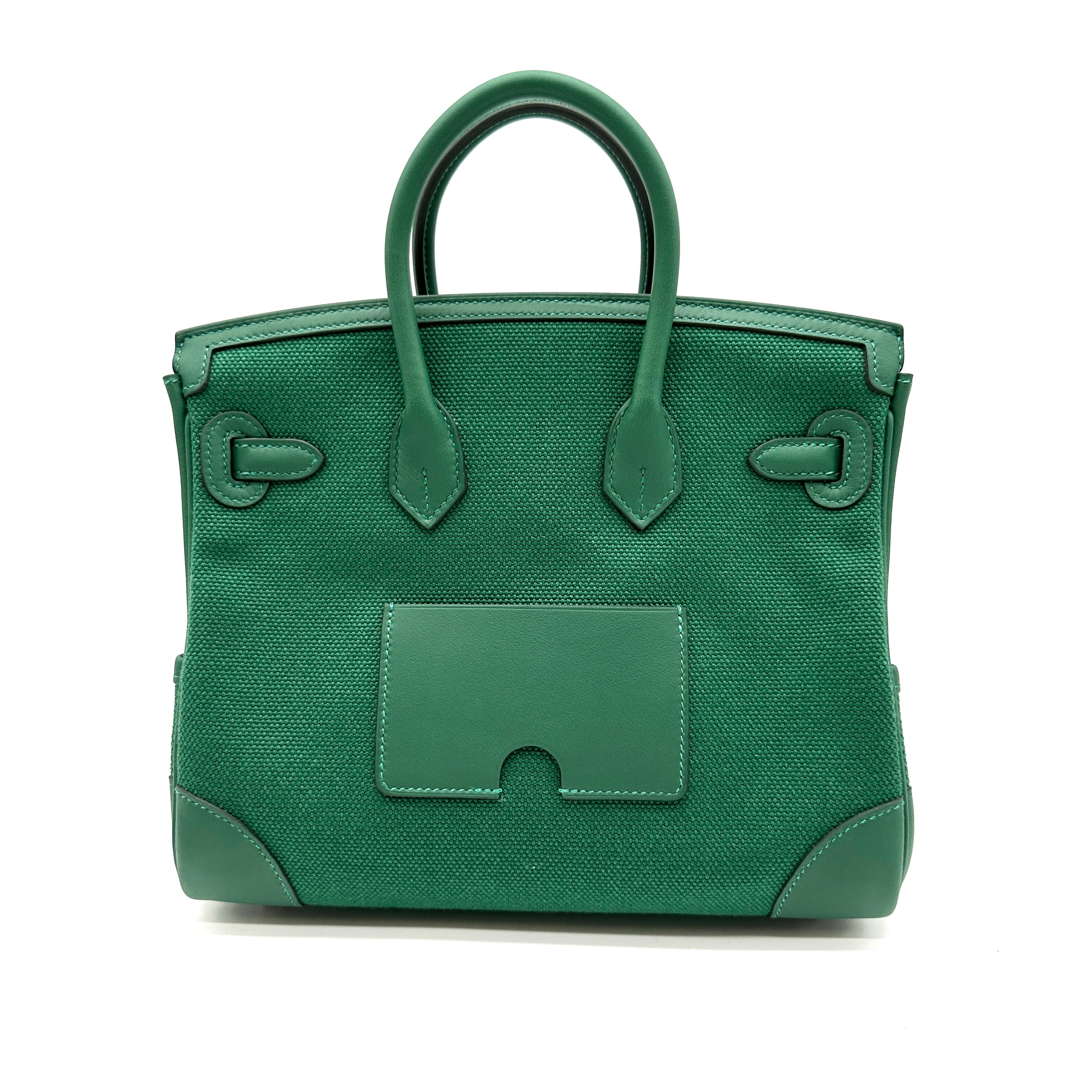 Hermès Birkin 25 Cargo Toile Goéland and Vert Moyen Veau Swift with Palladium Hardware