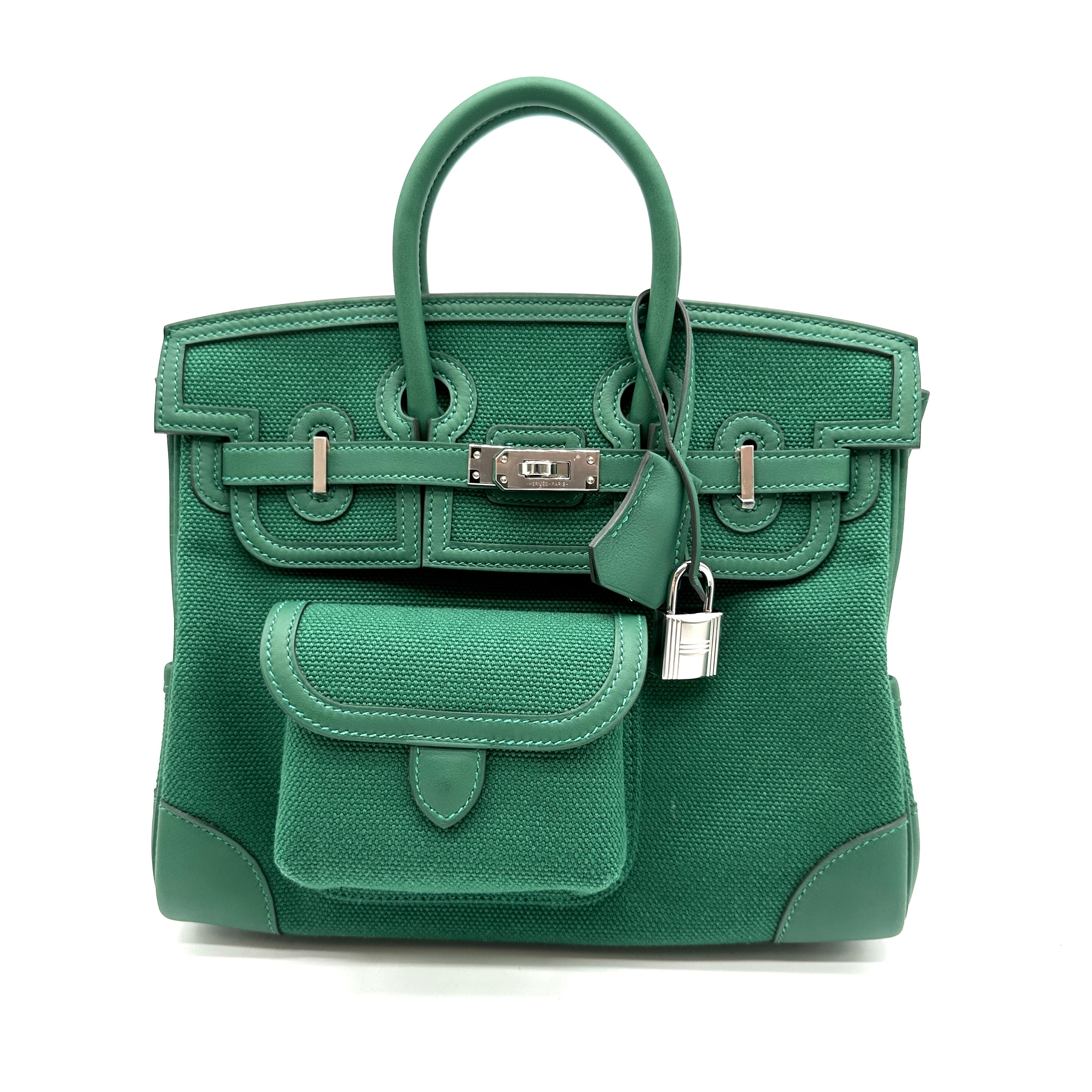 Hermès Birkin 25 Cargo Toile Goéland and Vert Moyen Veau Swift with Palladium Hardware